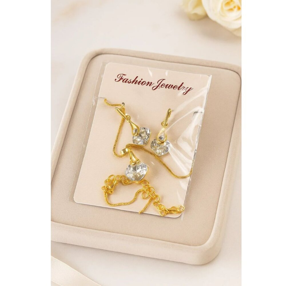 Gold-Tone Chain Necklace & Earrings Set With Clear Round Crystal Pendants